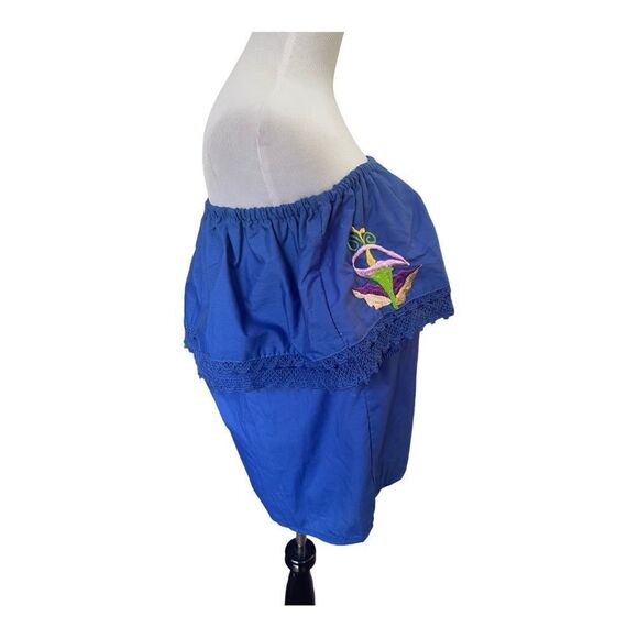 Embroidered Mexican Off The Shoulder Royal Blue Blouse Size M EUC Boho Festival - Picture 2 of 9